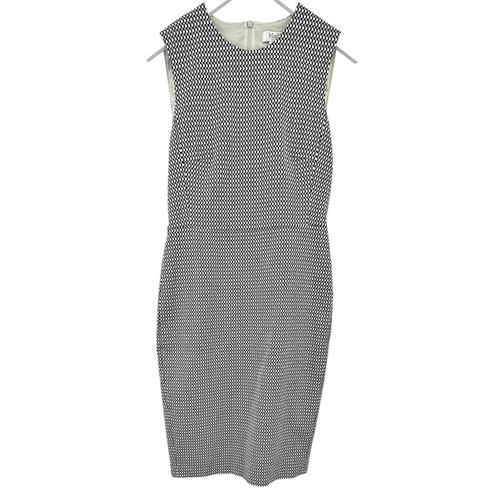 Max Mara Destin Black White Gray Checkered Jacquard Midi Sheath Dress sz 12